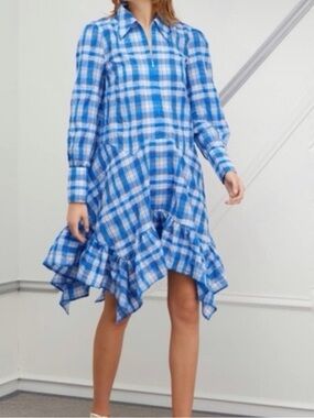 Ganni Blue Plaid Asymmetrical Ruffle Hem Dress